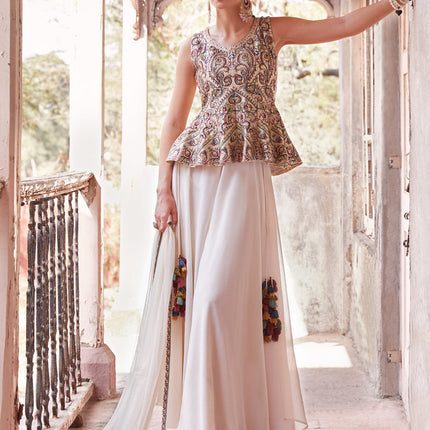 Off White Embroidered Satin Designer Indo Western
