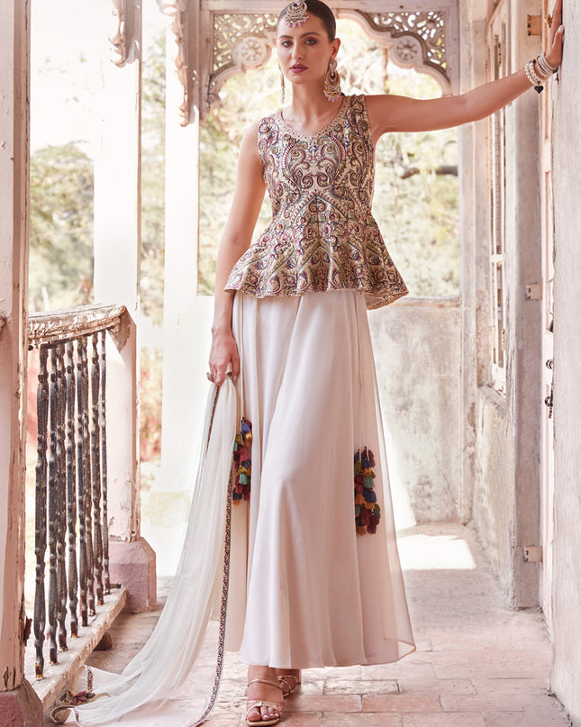 Off White Embroidered Satin Designer Indo Western