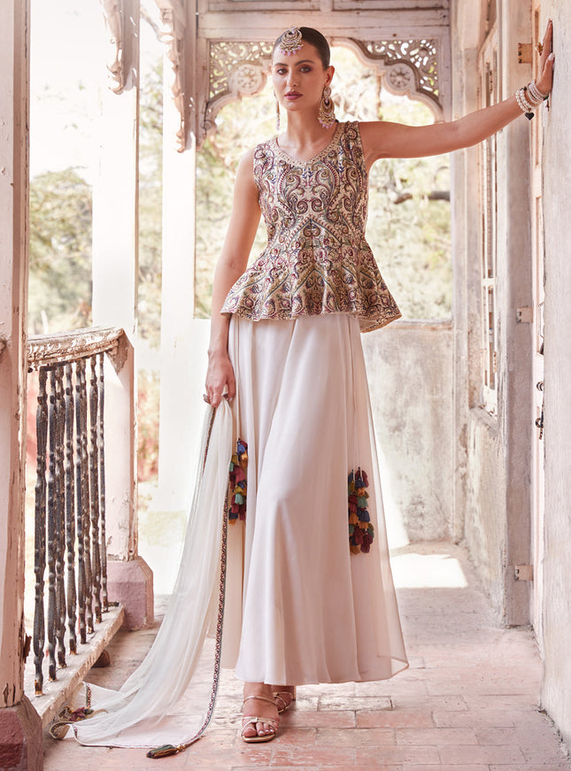 Off White Embroidered Satin Designer Indo Western