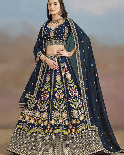 Stylish Navy Blue Designer Georgette Lehenga Choli Set for Wedding