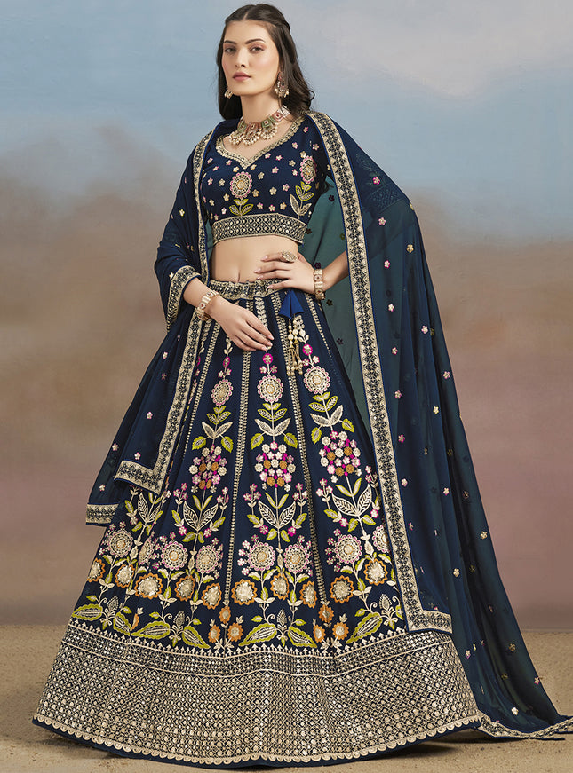 Stylish Navy Blue Designer Georgette Lehenga Choli Set for Wedding