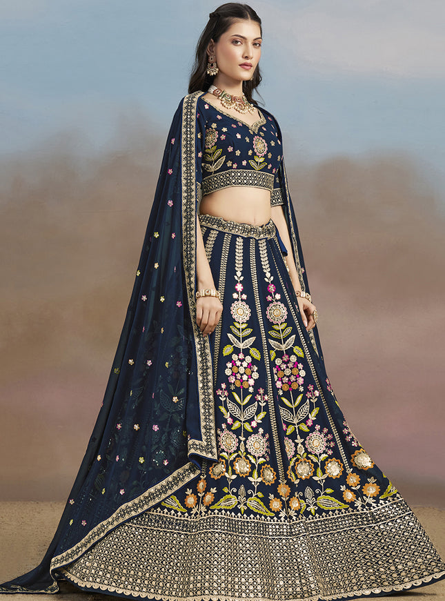 Stylish Navy Blue Designer Georgette Lehenga Choli Set for Wedding