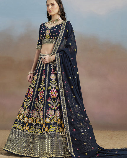 Stylish Navy Blue Designer Georgette Lehenga Choli Set for Wedding