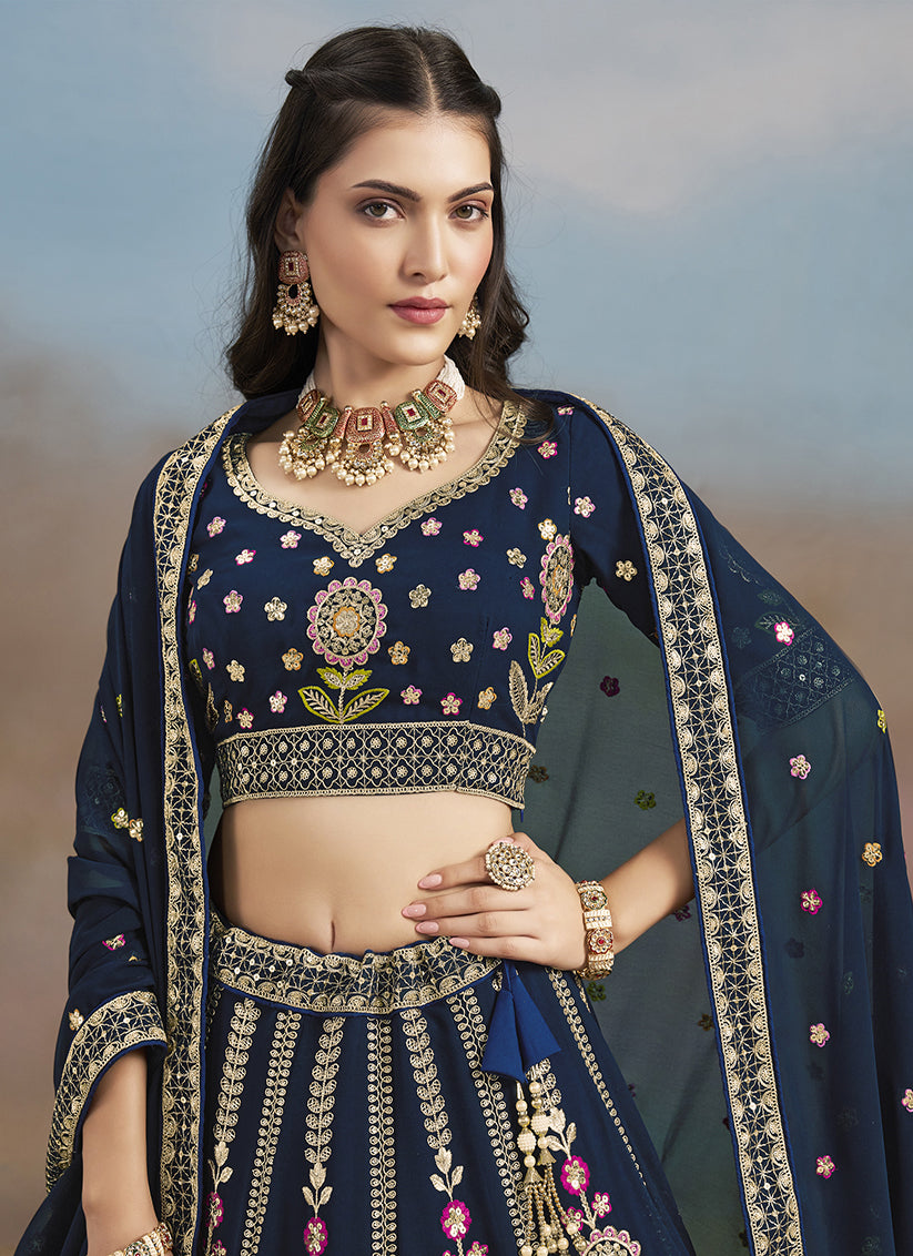 Stylish Navy Blue Designer Georgette Lehenga Choli Set for Wedding