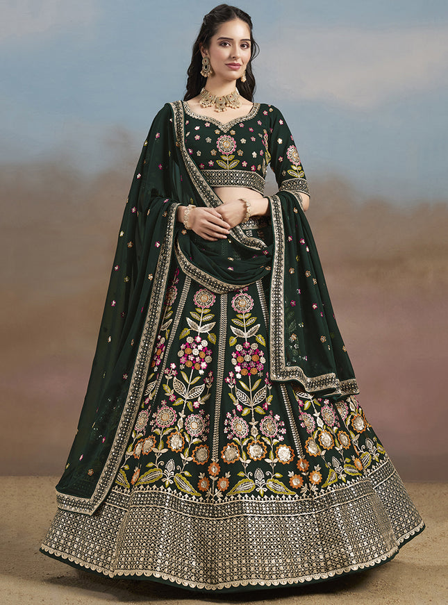 Amazing Bottle Green Designer Georgette Lehenga Choli Set for Wedding
