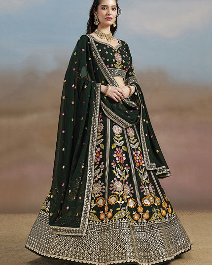 Amazing Bottle Green Designer Georgette Lehenga Choli Set for Wedding
