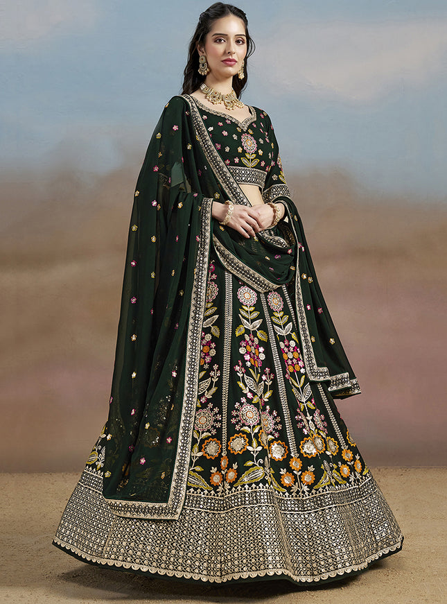 Amazing Bottle Green Designer Georgette Lehenga Choli Set for Wedding