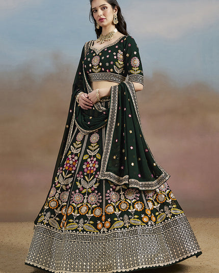 Amazing Bottle Green Designer Georgette Lehenga Choli Set for Wedding