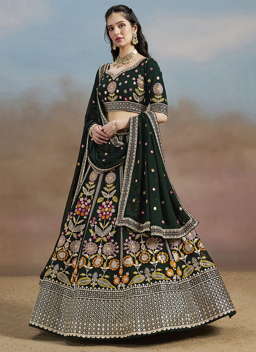 Amazing Bottle Green Designer Georgette Lehenga Choli Set for Wedding