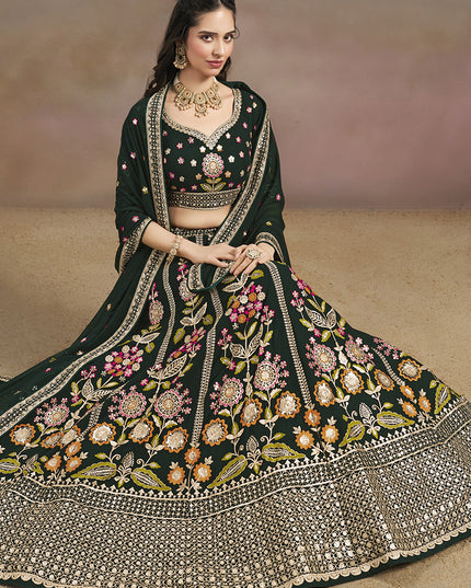 Amazing Bottle Green Designer Georgette Lehenga Choli Set for Wedding