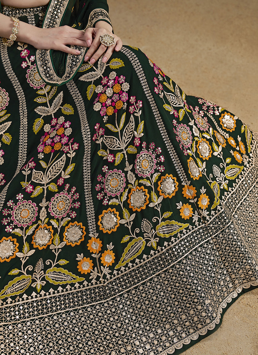 Amazing Bottle Green Designer Georgette Lehenga Choli Set for Wedding