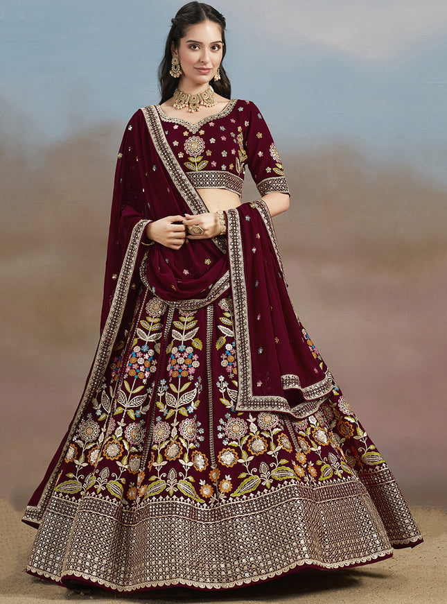 Delicate Maroon Designer Georgette Lehenga Choli Set for Wedding