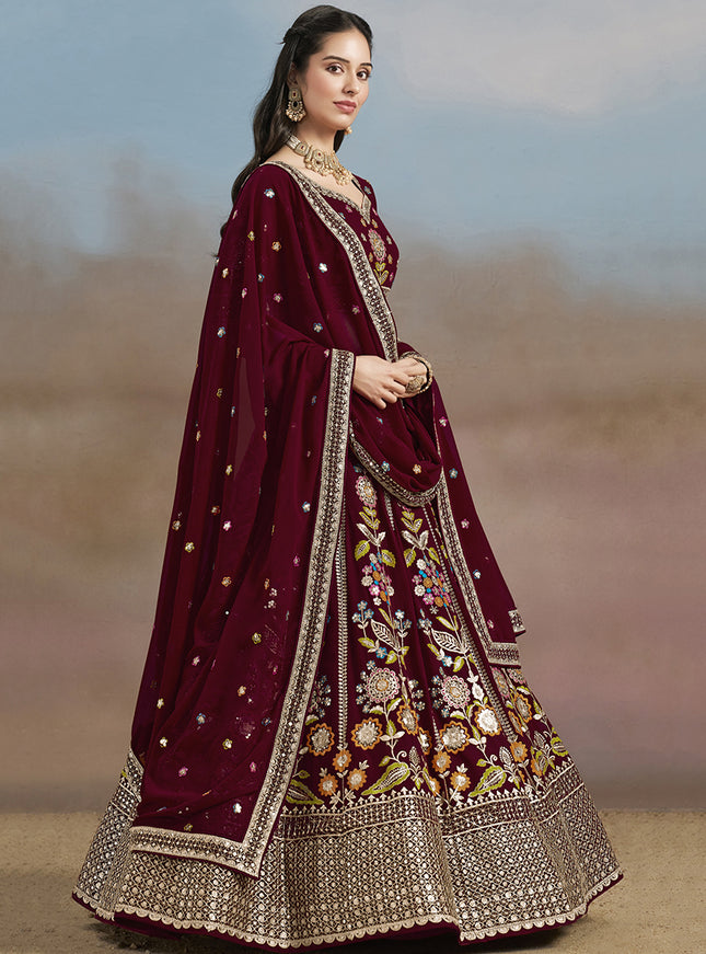 Delicate Maroon Designer Georgette Lehenga Choli Set for Wedding