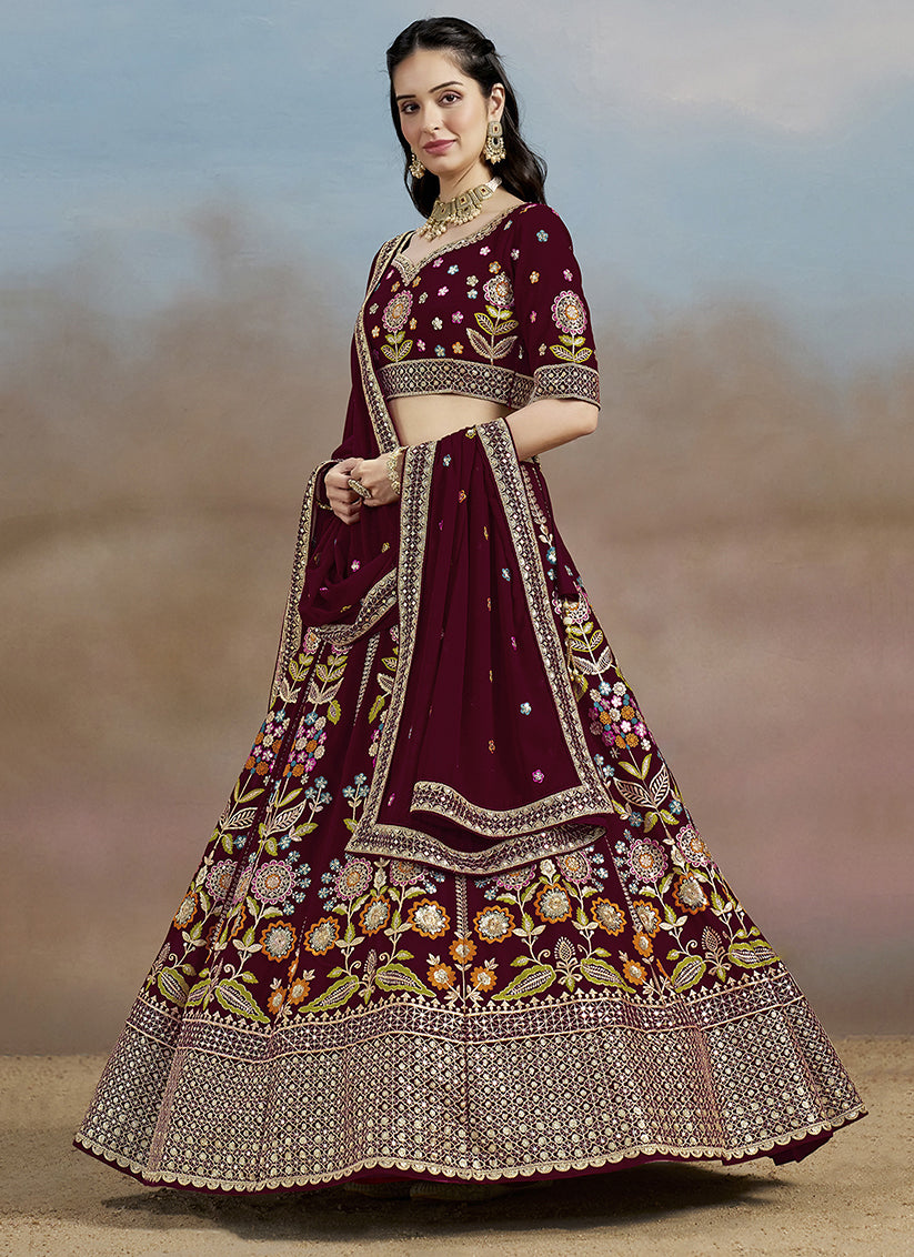 Delicate Maroon Designer Georgette Lehenga Choli Set for Wedding