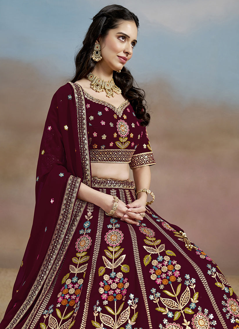 Delicate Maroon Designer Georgette Lehenga Choli Set for Wedding
