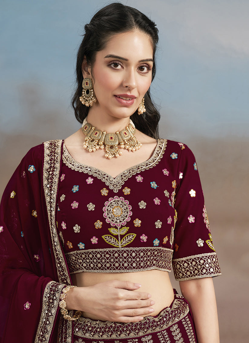Delicate Maroon Designer Georgette Lehenga Choli Set for Wedding