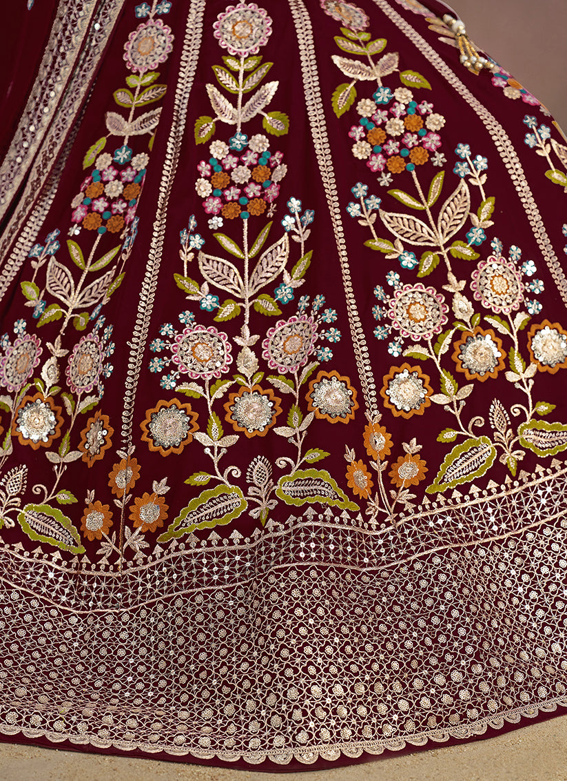 Delicate Maroon Designer Georgette Lehenga Choli Set for Wedding