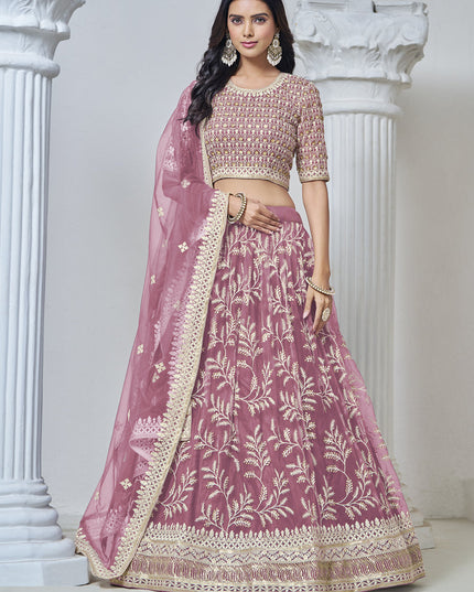 old rose net embroidered lehenga choli for wedding