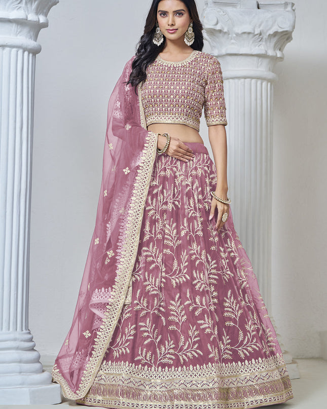 old rose net embroidered lehenga choli for wedding