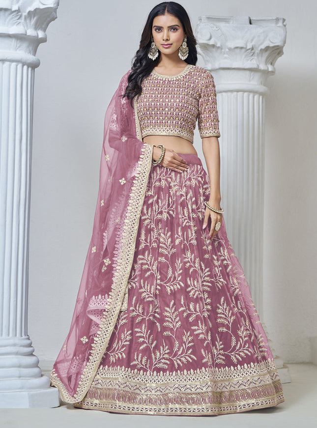 old rose net embroidered lehenga choli for wedding