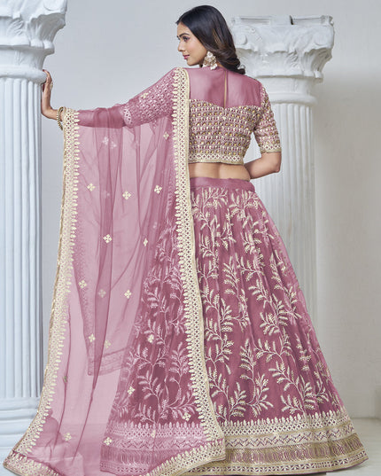 old rose net embroidered lehenga choli for wedding