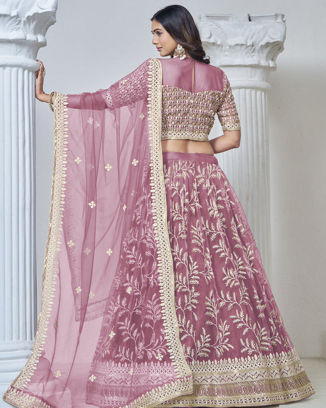 old rose net embroidered lehenga choli for wedding