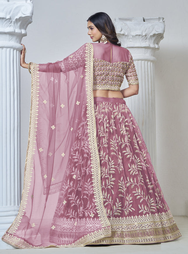 old rose net embroidered lehenga choli for wedding