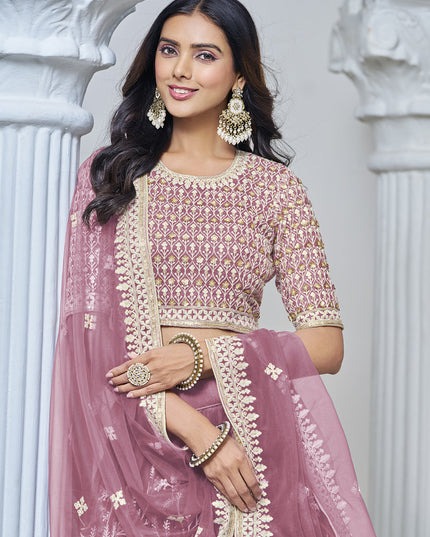 old rose net embroidered lehenga choli for wedding