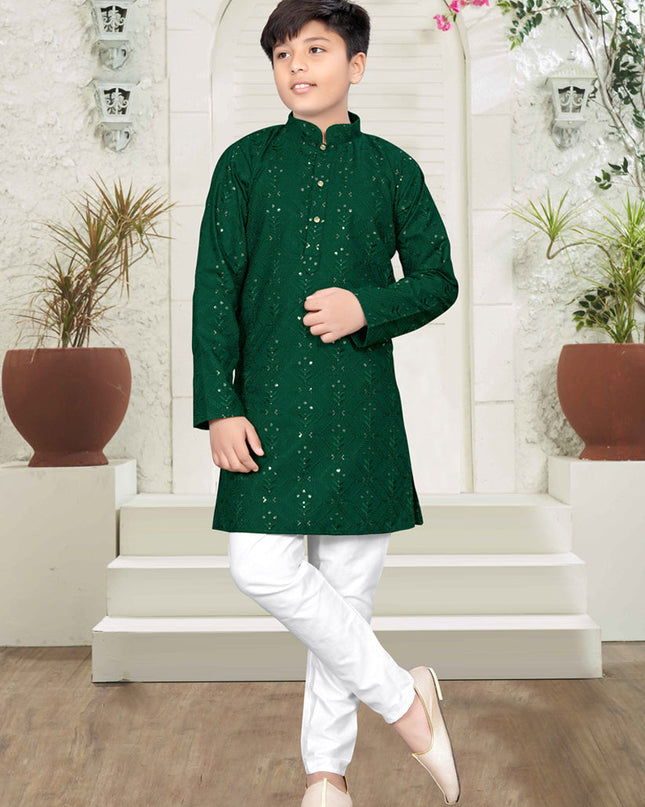 Forest Green Lucknowi Cotton Kids Kurta Set