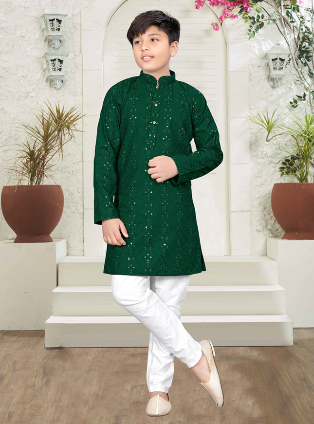 Forest Green Lucknowi Cotton Kids Kurta Set