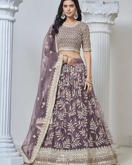 dusty grey net embroidered lehenga choli for wedding