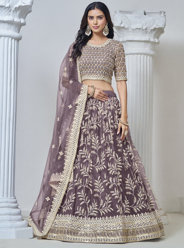 dusty grey net embroidered lehenga choli for wedding