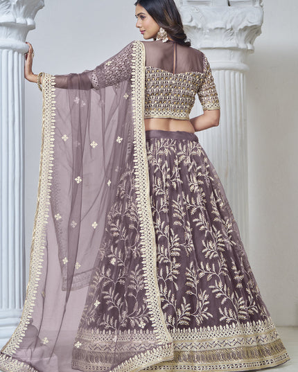 dusty grey net embroidered lehenga choli for wedding
