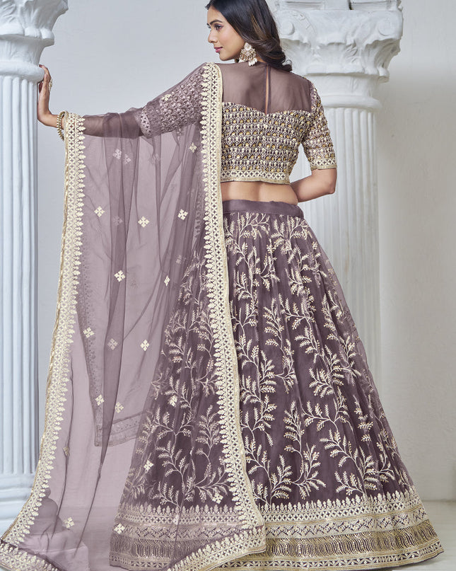 dusty grey net embroidered lehenga choli for wedding