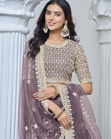dusty grey net embroidered lehenga choli for wedding