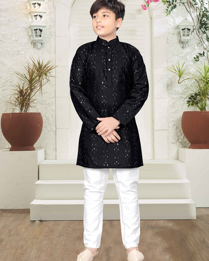 Black Lucknowi Cotton Kids Kurta Set