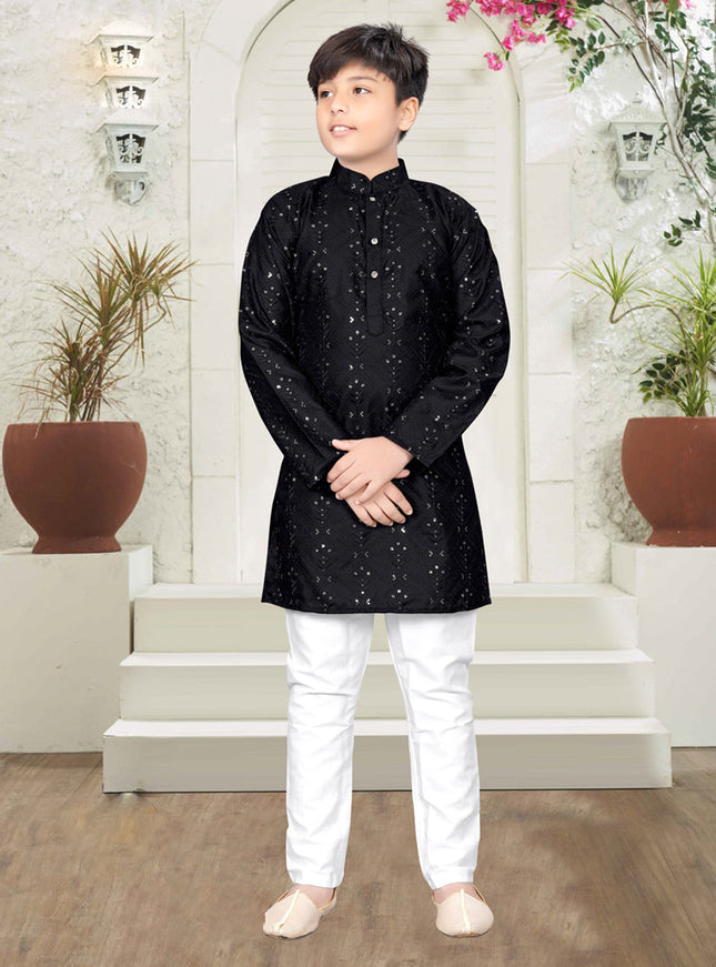 Black Lucknowi Cotton Kids Kurta Set