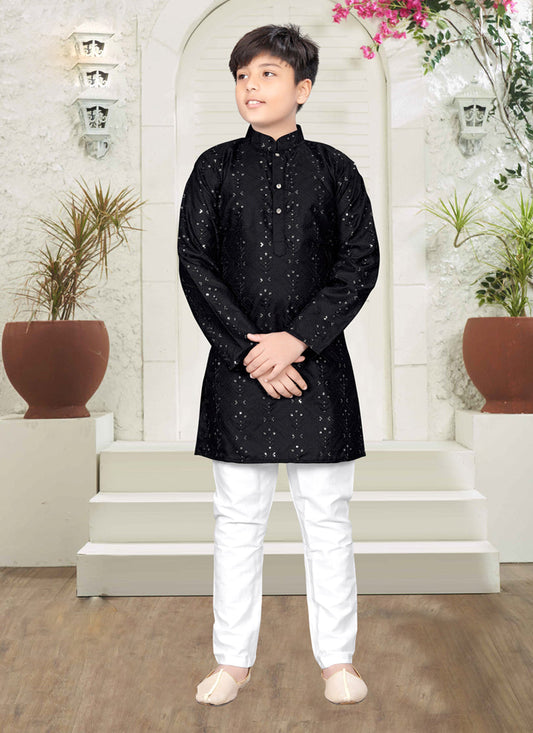 Black Lucknowi Cotton Kids Kurta Set