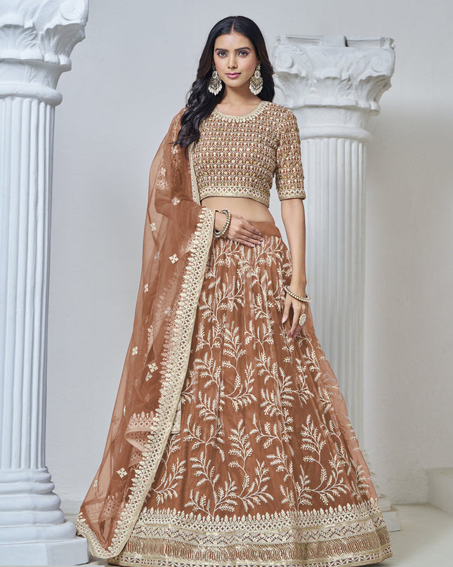 rust brown net embroidered lehenga choli for wedding