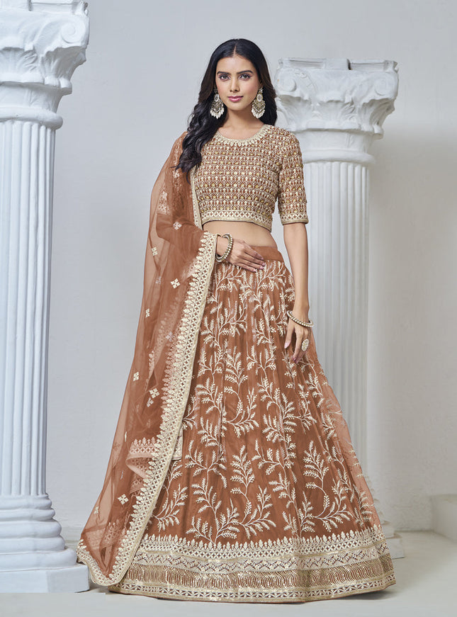 rust brown net embroidered lehenga choli for wedding