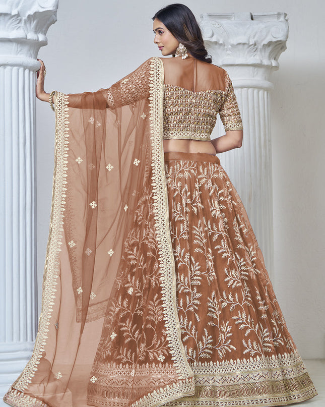 rust brown net embroidered lehenga choli for wedding