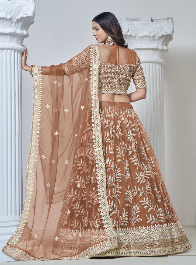 rust brown net embroidered lehenga choli for wedding