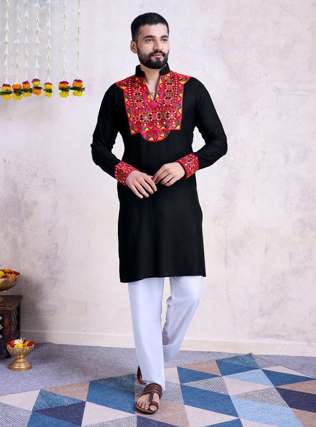Black Rayon Gamthi Work Navratri Special Kurta
