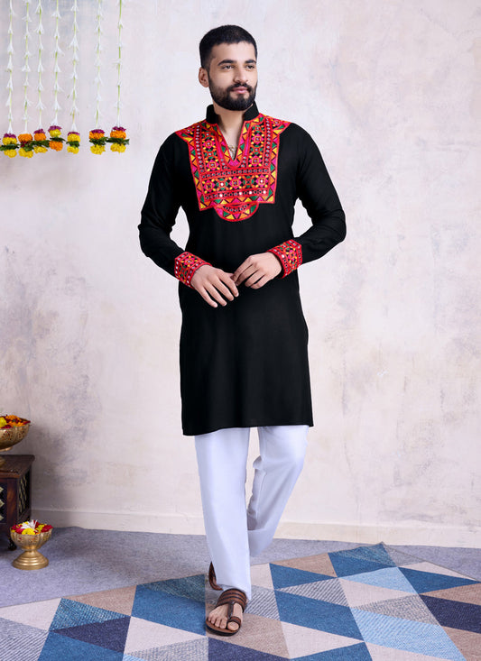 Black Rayon Gamthi Work Navratri Special Kurta