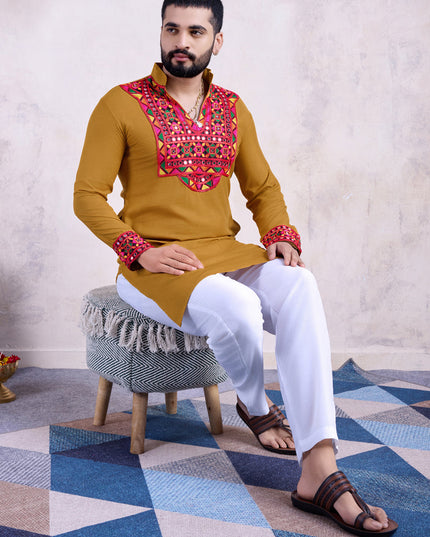 Mustard Yellow Rayon Gamthi Work Navratri Special Kurta