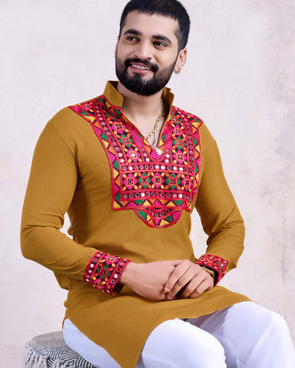 Mustard Yellow Rayon Gamthi Work Navratri Special Kurta