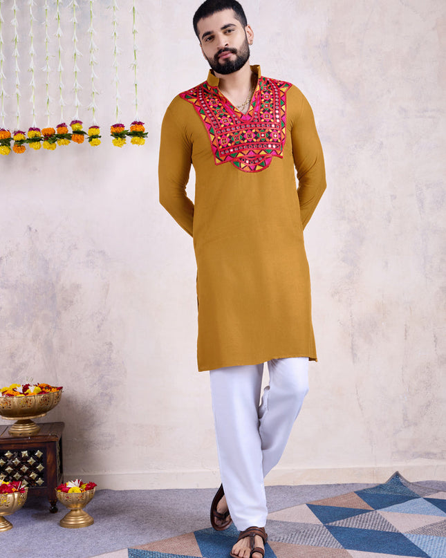 Mustard Yellow Rayon Gamthi Work Navratri Special Kurta