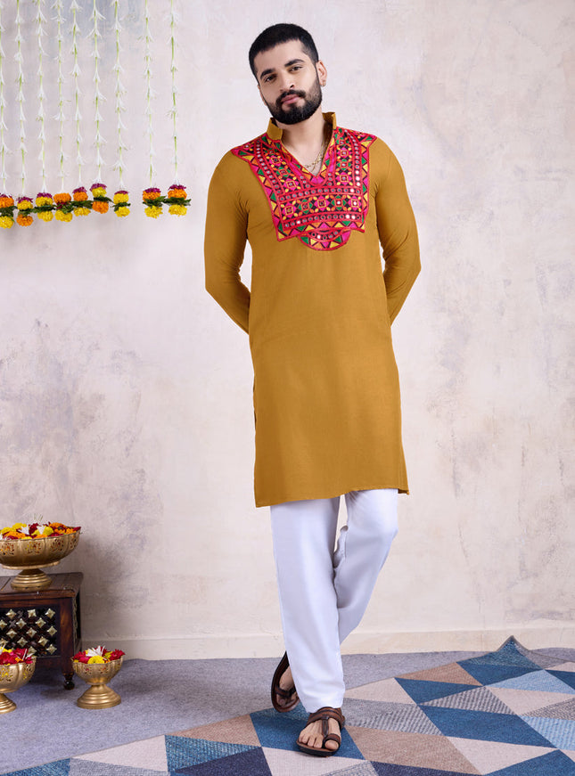 Mustard Yellow Rayon Gamthi Work Navratri Special Kurta