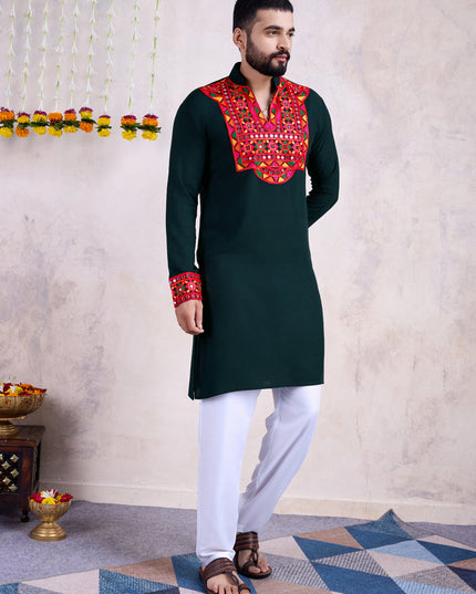 Pine Green Rayon Gamthi Work Navratri Special Kurta