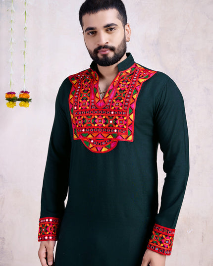 Pine Green Rayon Gamthi Work Navratri Special Kurta